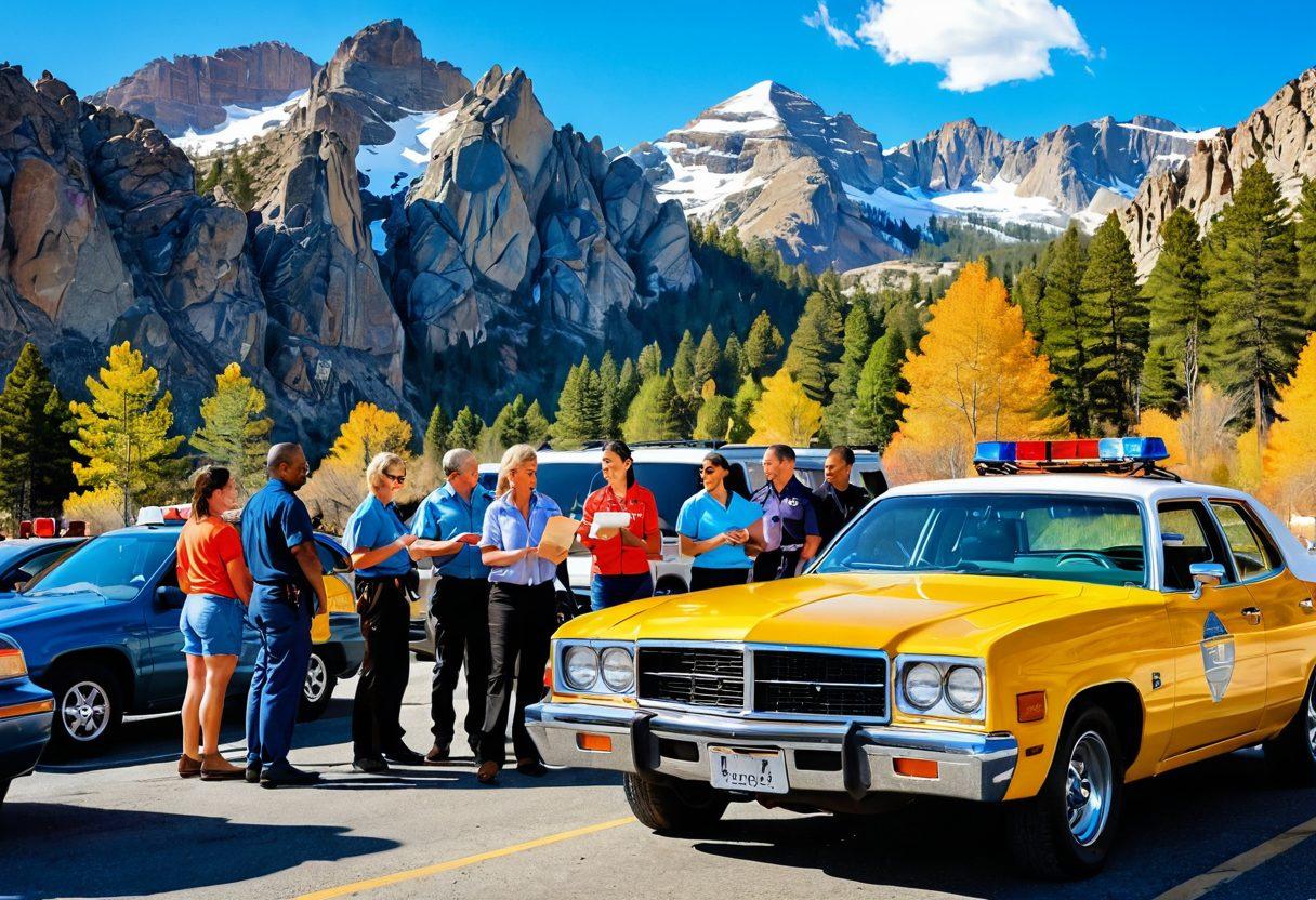 A bright and cheerful montage featuring a diverse group of people engaging with various DMV services in a picturesque Rocky Mountain setting. Include elements like driver’s permits being happily handed out, a vehicle inspection in progress with mountains in the background, and smiling individuals of all ages interacting with friendly staff. The scene is infused with vibrant outdoor colors reflecting a sunny day. vivid colors. landscape illustration.