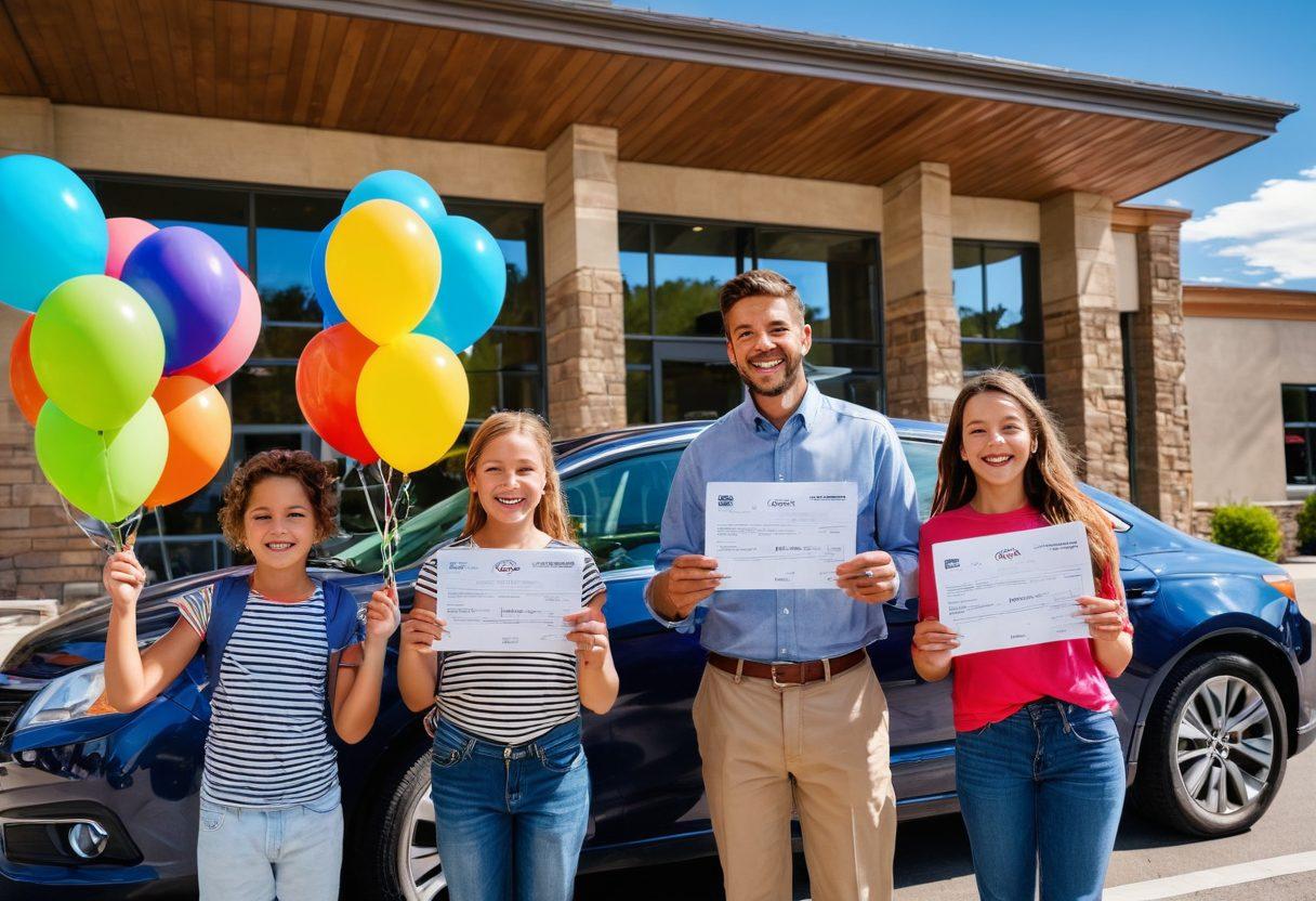 A cheerful family standing outside a bright and welcoming DMV building in Colorado, with scenic mountains in the background. The parents are smiling while the kids hold up their new car registration papers, symbolizing a successful visit. Include festive balloons and friendly staff waving at the entrance, embodying a pleasant experience. The scene should have a sunny atmosphere with vibrant colors to enhance positivity. super-realistic. bright colors. dynamic composition.
