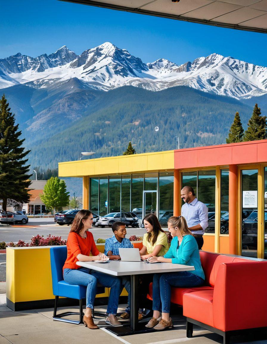 A scenic view of the Rocky Mountains in the background, with a cheerful family happily engaging at a DMV office featuring bright colors and modern design. Include elements like a 'Welcome' sign in front of the DMV with smiling staff and joyful visitors. The atmosphere should convey positivity and ease, capturing the essence of a pleasant DMV experience. vibrant colors. super-realistic.